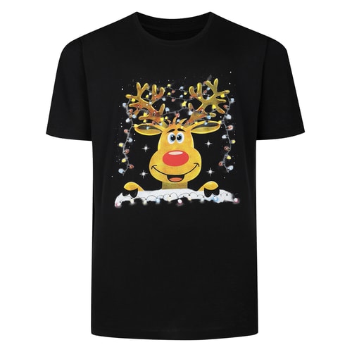 Bigdude – Kurzärmliges T-Shirt mit Weihnachts-Rentier-Print in Groß, Schwarz